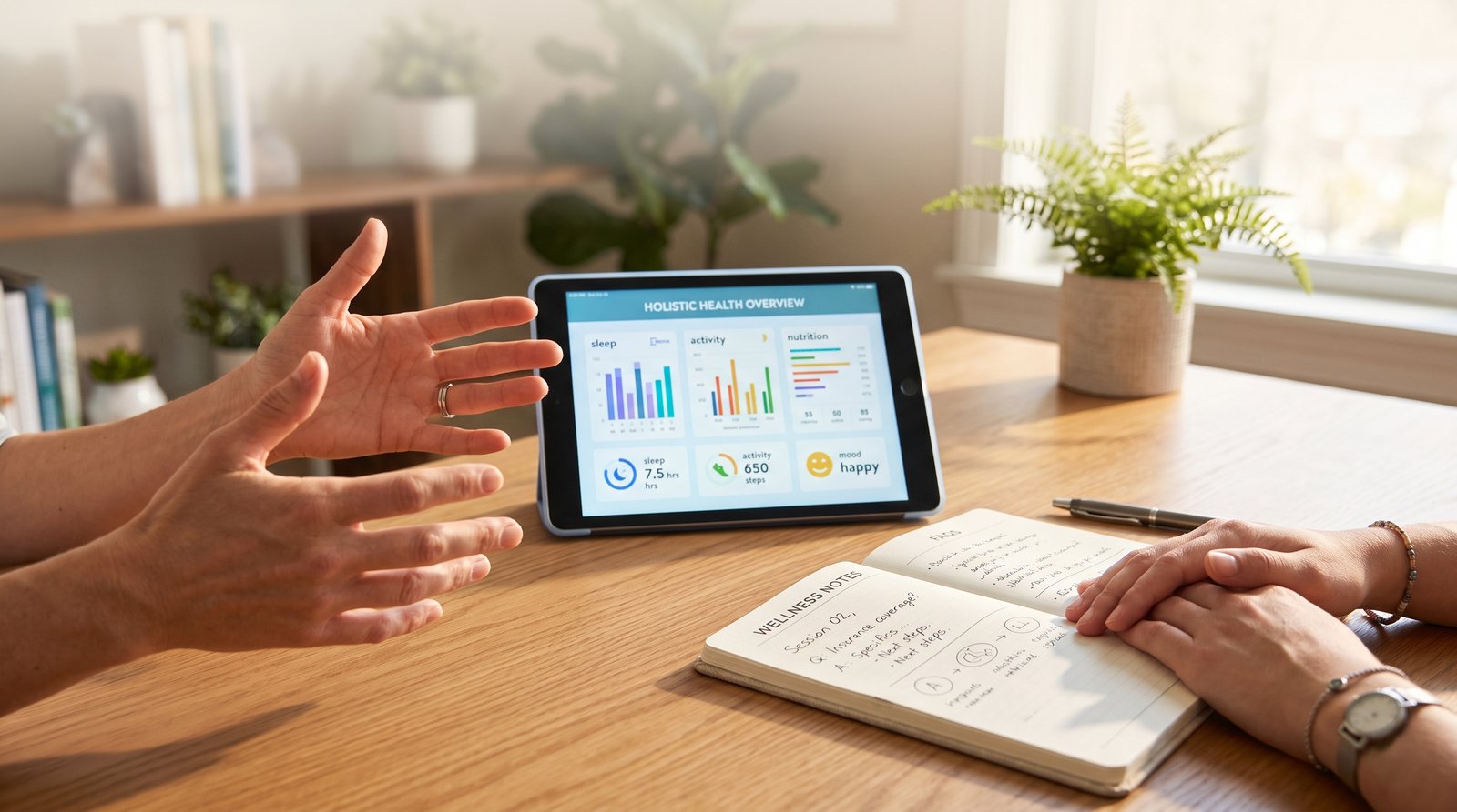 Close-up of two pairs of hands at a desk reviewing a wellness chart on a tablet