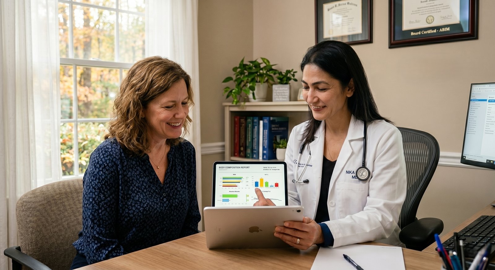 Dr. Nika Jani consulting with a patient at One Care Medical, reviewing health data on a tablet