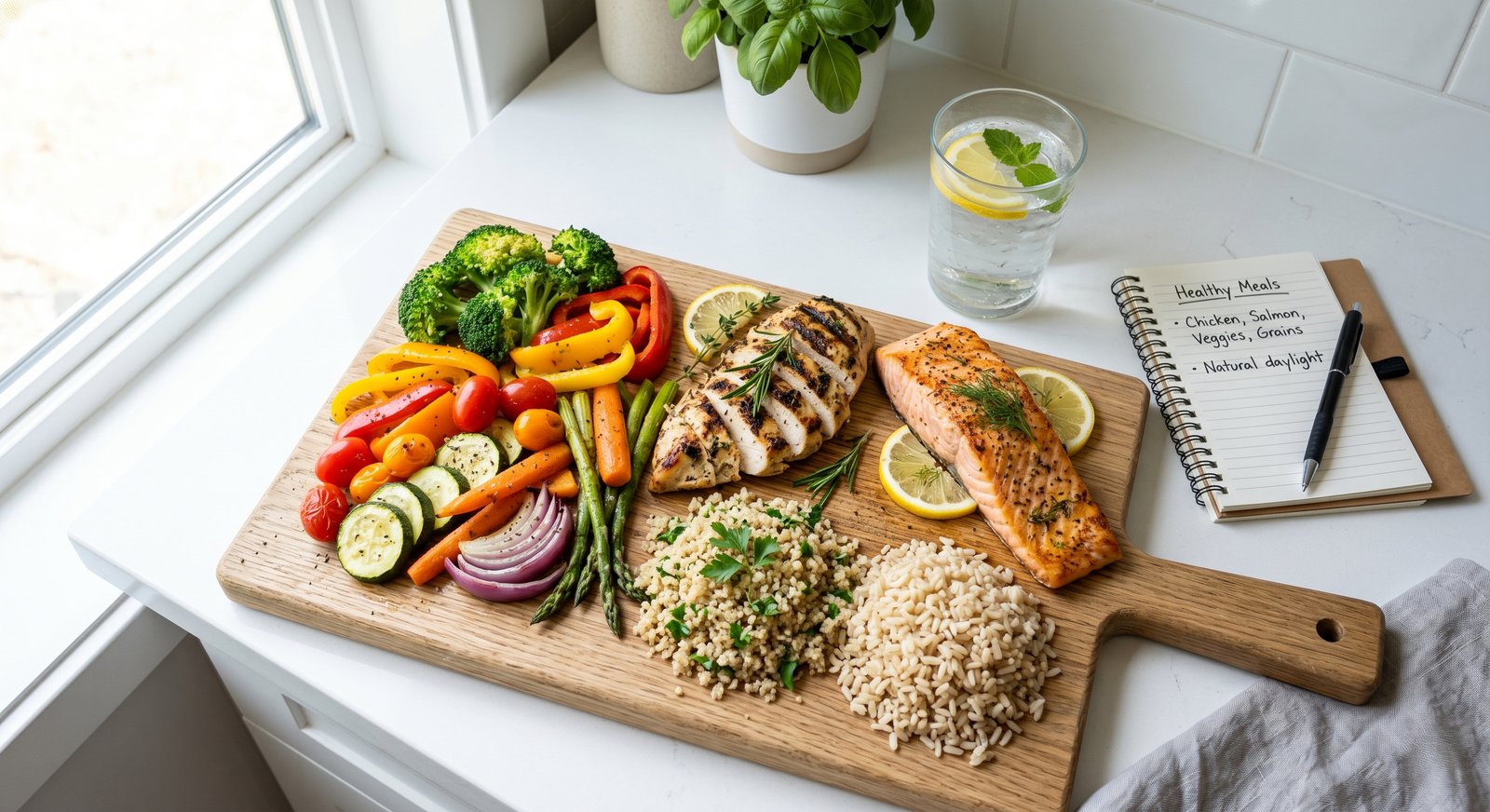 Fresh vegetables, grilled chicken, salmon, and brown rice on a cutting board