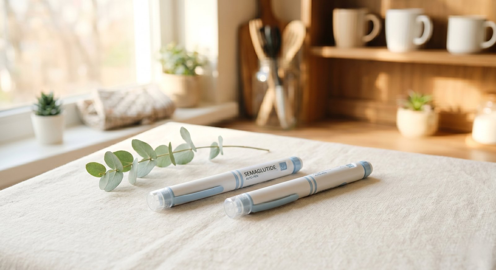 Two GLP-1 medication pens on a soft kitchen surface with warm window light