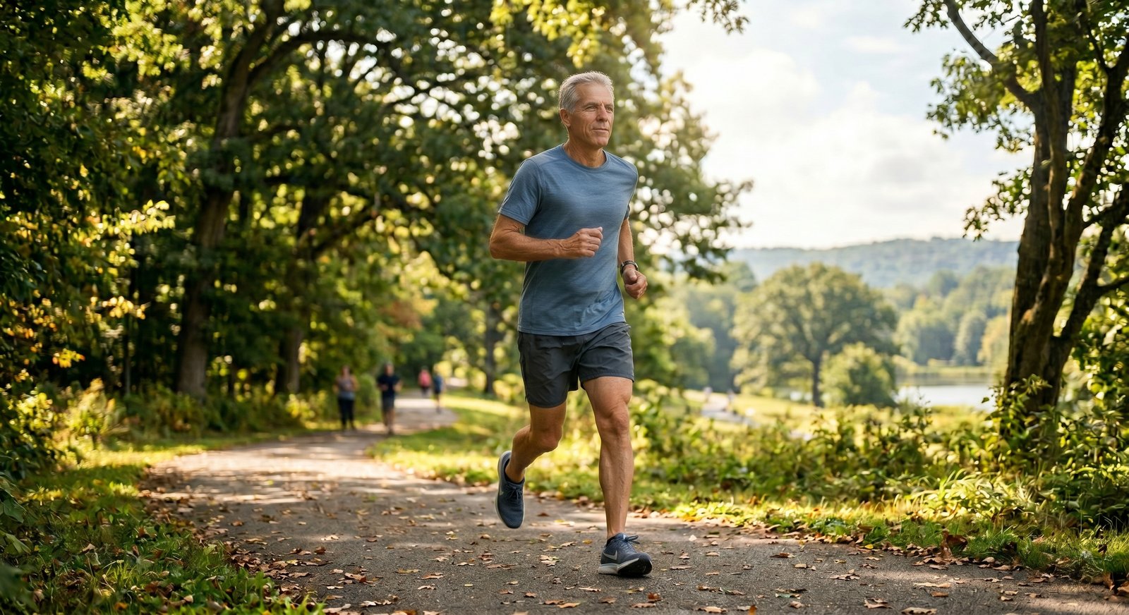 Fit middle-aged man jogging along a tree-lined park path